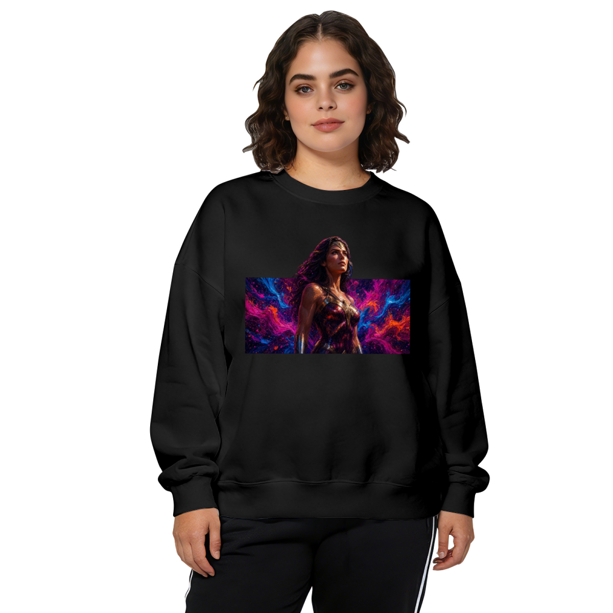 Studio photograph of a model in a women's crewneck sweatshirt showing a warrior portrait against vivid prismatic bands of light