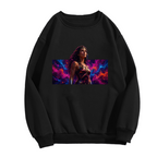 Standalone women's crewneck sweatshirt front displaying a graphic of a warrior portrait against vivid prismatic bands of light