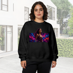 Women's crewneck sweatshirt worn outside, with the camera facing the graphic of a warrior portrait against vivid prismatic bands of light