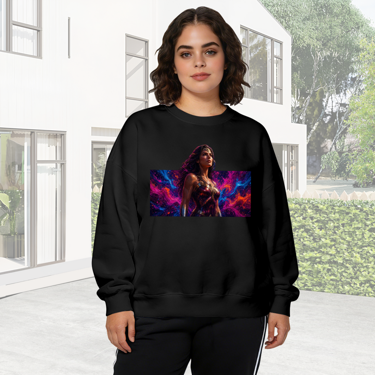 Women's crewneck sweatshirt worn outside, with the camera facing the graphic of a warrior portrait against vivid prismatic bands of light