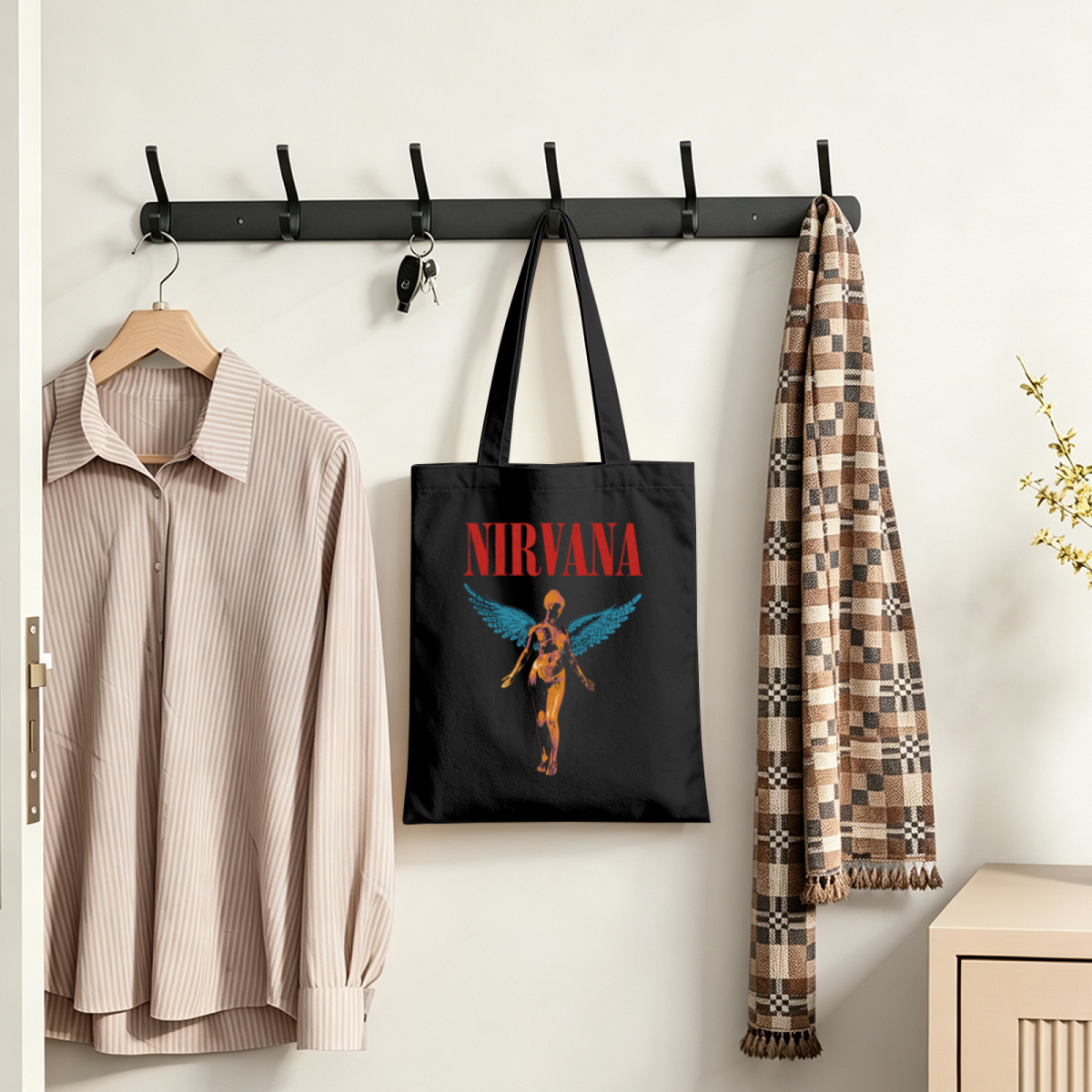 Nirvana In Utero Black Graphic Canvas Tote — an In Utero-inspired graphic identified as the black edition