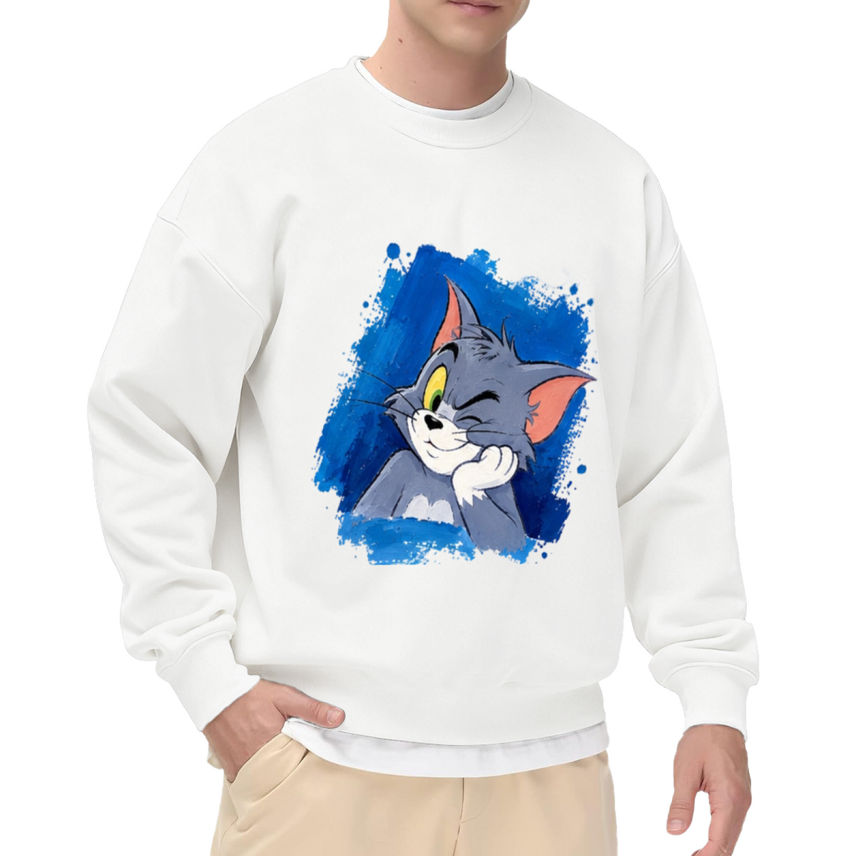 Tom Cat Peeking Blue Brushstroke Graphic Sweatshirt