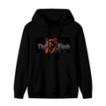 A running masked figure centered in a narrow lettered banner shown on the front of a men's hoodie in a standalone product shot