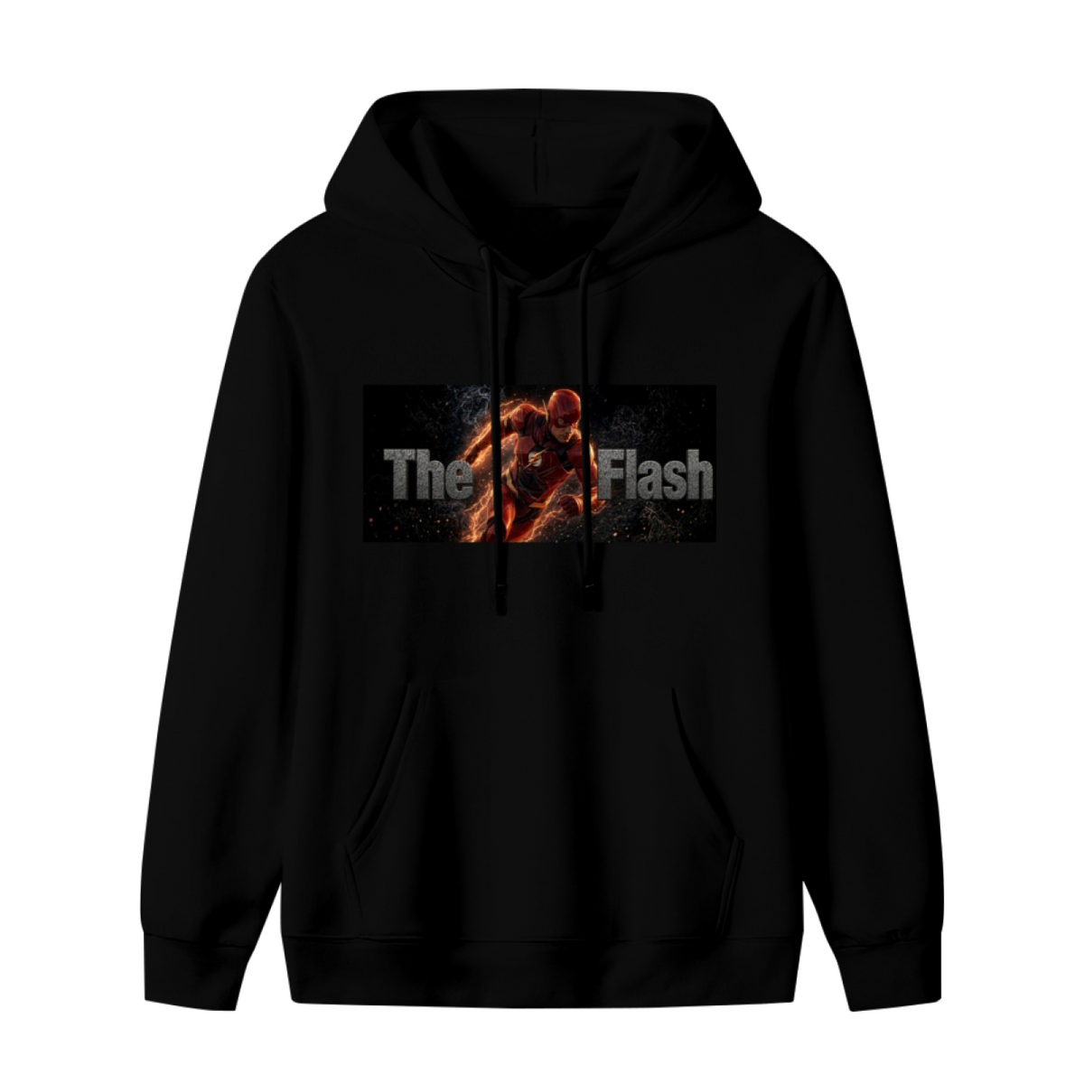 A running masked figure centered in a narrow lettered banner shown on the front of a men's hoodie in a standalone product shot