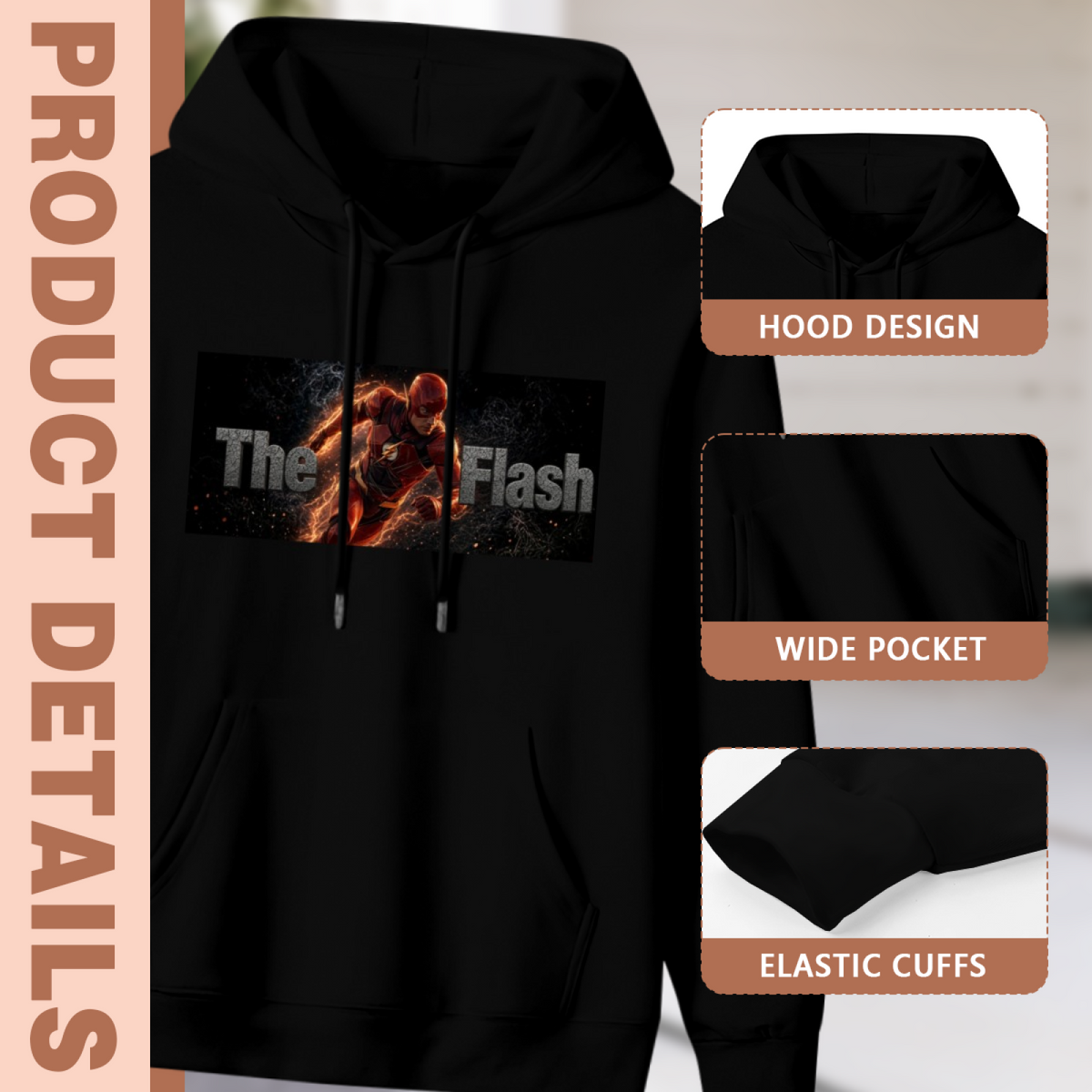 Hood, pouch pocket and sleeve-cuff detail images accompanying the men's Runner within the Typography hoodie