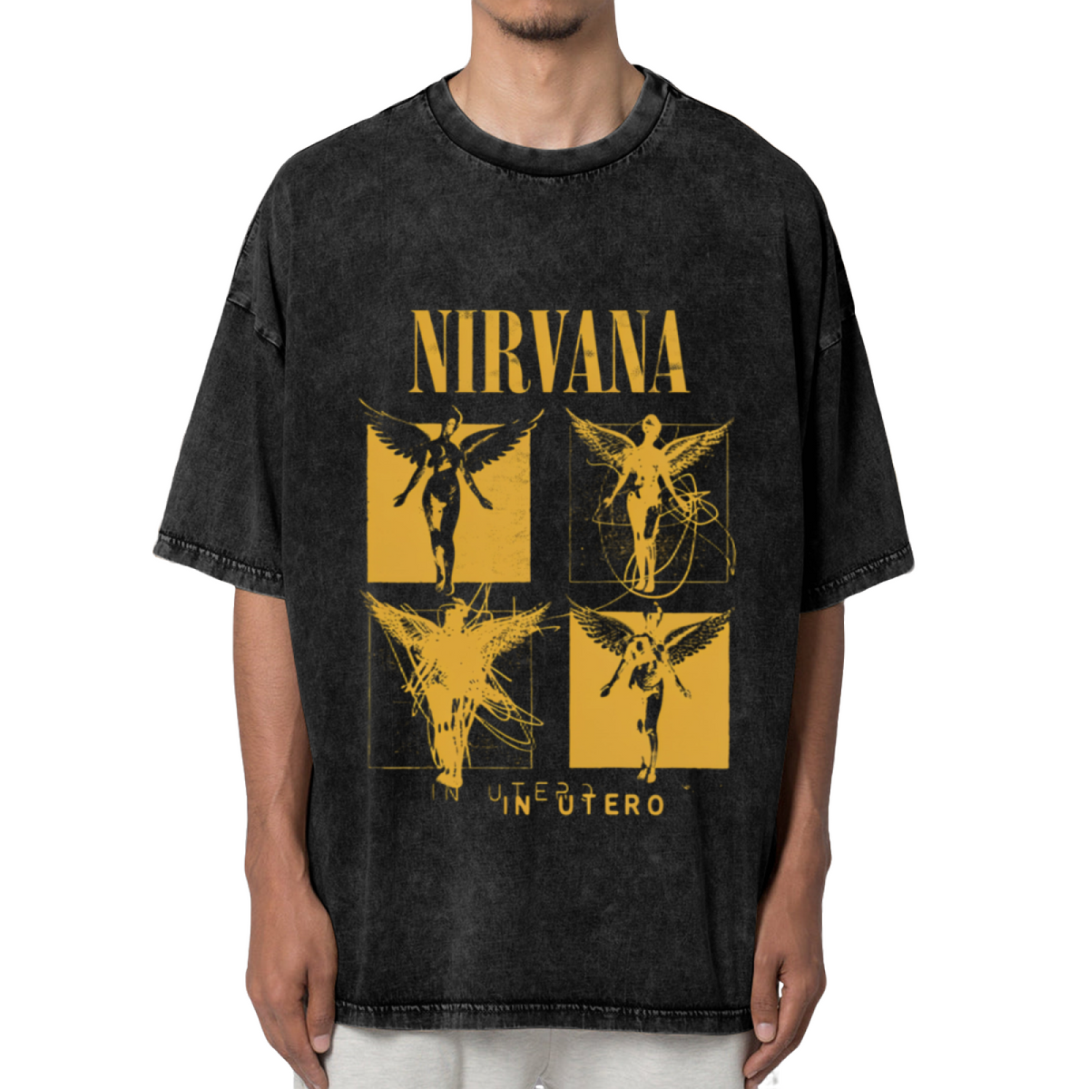 Nirvana In Utero Four Panel Washed Tee in Black, product image showing four yellow-toned panels featuring angel-related In Utero artwork.