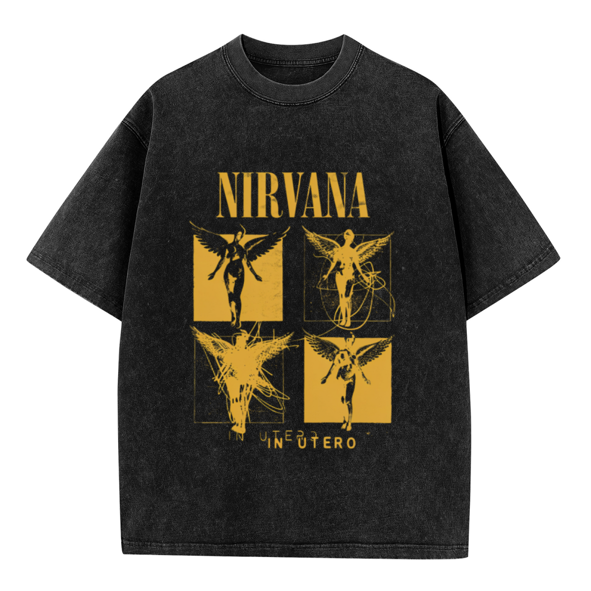 Nirvana In Utero Four Panel Washed Tee in Black, product image showing four yellow-toned panels featuring angel-related In Utero artwork.