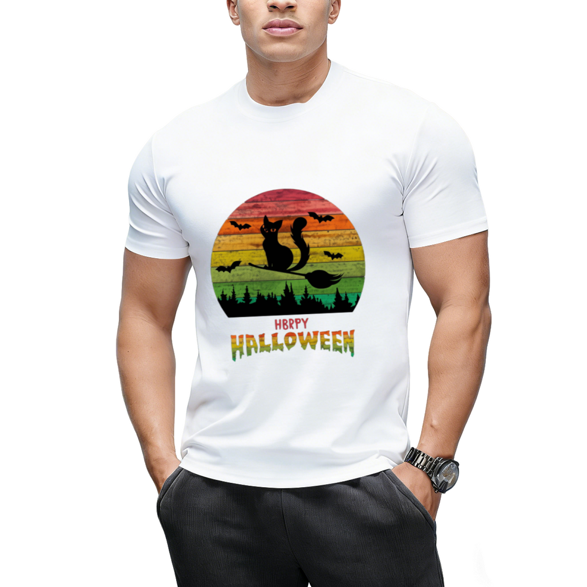 Vintage Halloween Cat Witch Graphic T-Shirt