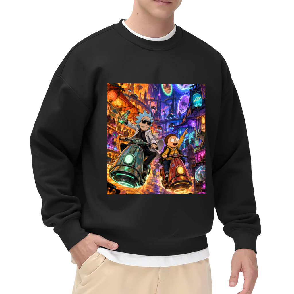 Men's crewneck sweatshirt seen on a model, its front graphic depicting two scooter riders traveling through a neon-lit portal scene