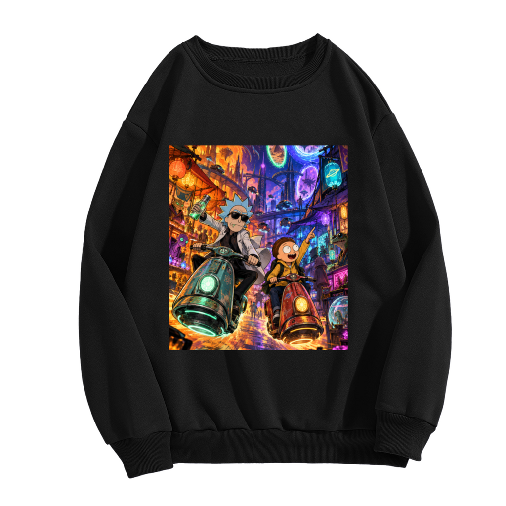 Front garment photograph: men's crewneck sweatshirt decorated with two scooter riders traveling through a neon-lit portal scene