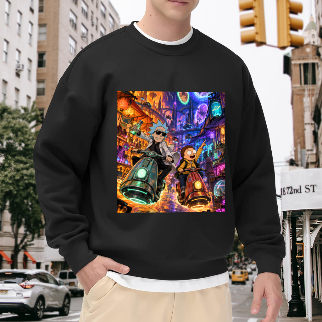 Two scooter riders traveling through a neon-lit portal scene visible on a men's crewneck sweatshirt in an outdoor front model view