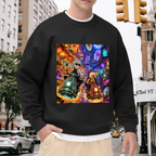 Two scooter riders traveling through a neon-lit portal scene visible on a men's crewneck sweatshirt in an outdoor front model view