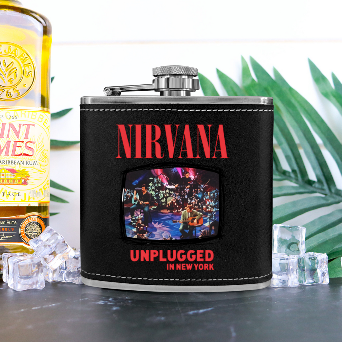 Nirvana Unplugged Floral 6oz vintage-style stainless steel hip flask product image