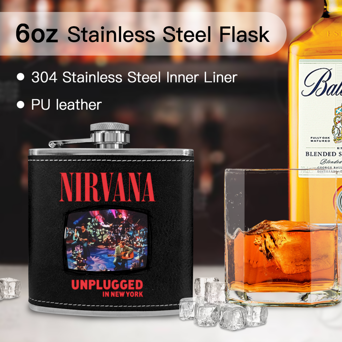 Nirvana Unplugged Floral 6oz vintage-style stainless steel hip flask product image