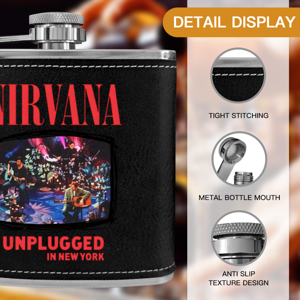 Nirvana Unplugged Floral 6oz vintage-style stainless steel hip flask product image