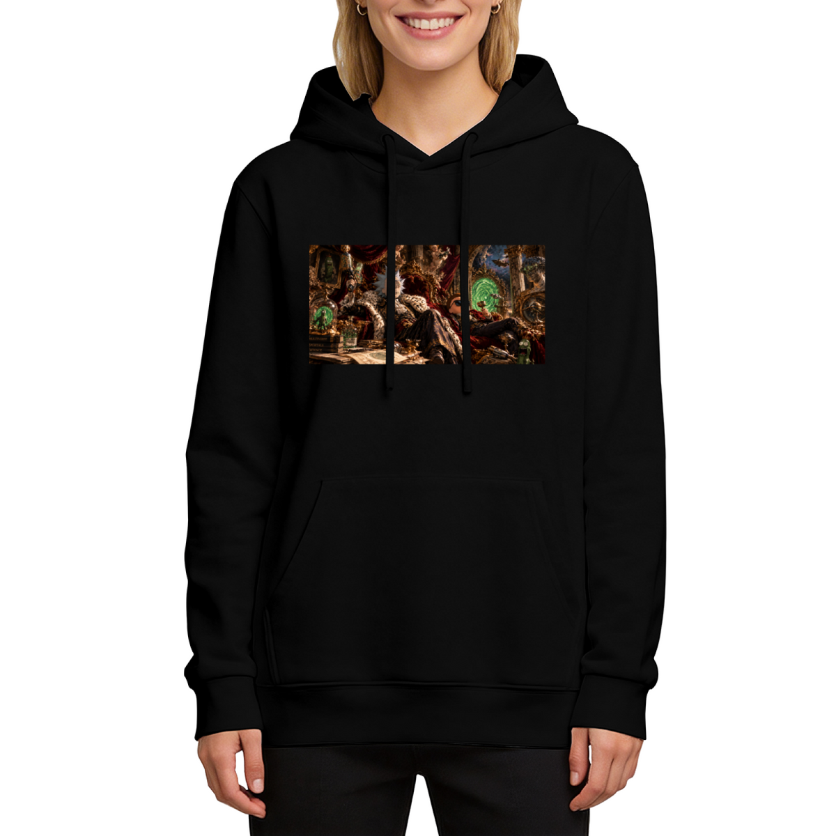 Figures gathered in a richly furnished palace lounge with a glowing portal printed on a women's hoodie, shown in a front model photo