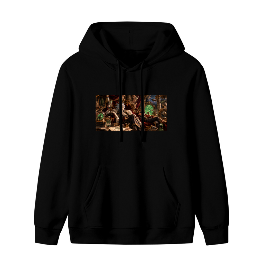 Unworn women's hoodie, front view of the design depicting figures gathered in a richly furnished palace lounge with a glowing portal