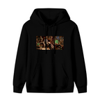 Unworn women's hoodie, front view of the design depicting figures gathered in a richly furnished palace lounge with a glowing portal