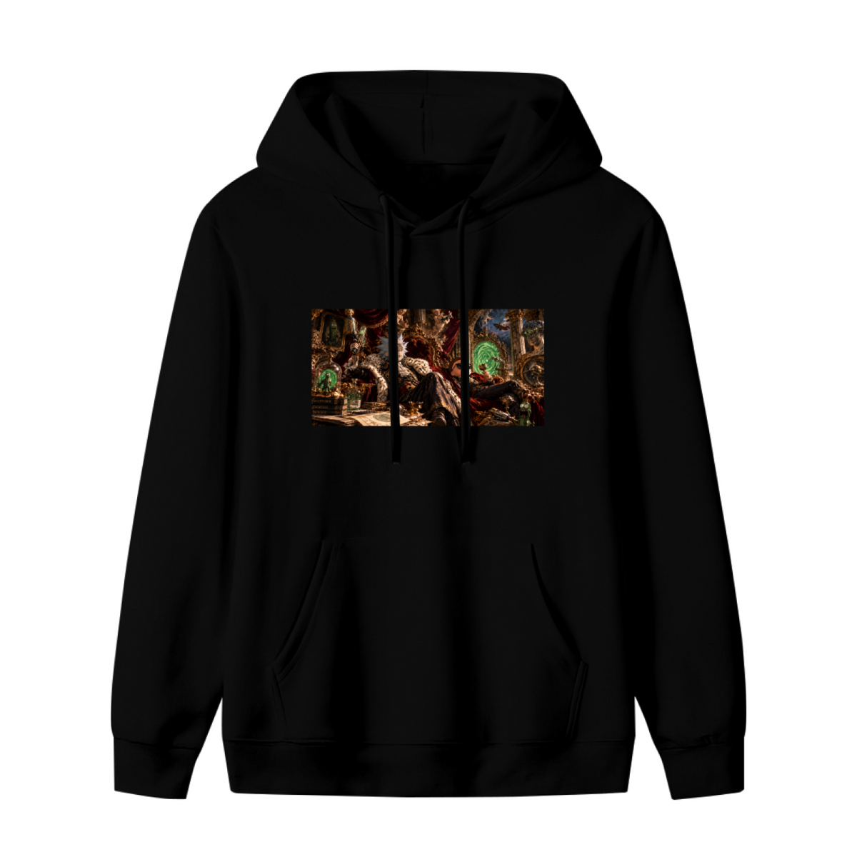 Unworn women's hoodie, front view of the design depicting figures gathered in a richly furnished palace lounge with a glowing portal