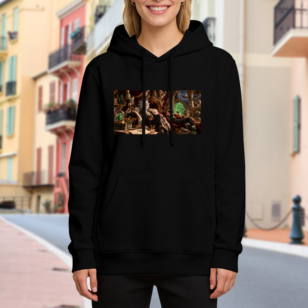 On-location model photograph displaying figures gathered in a richly furnished palace lounge with a glowing portal on the front of a women's hoodie