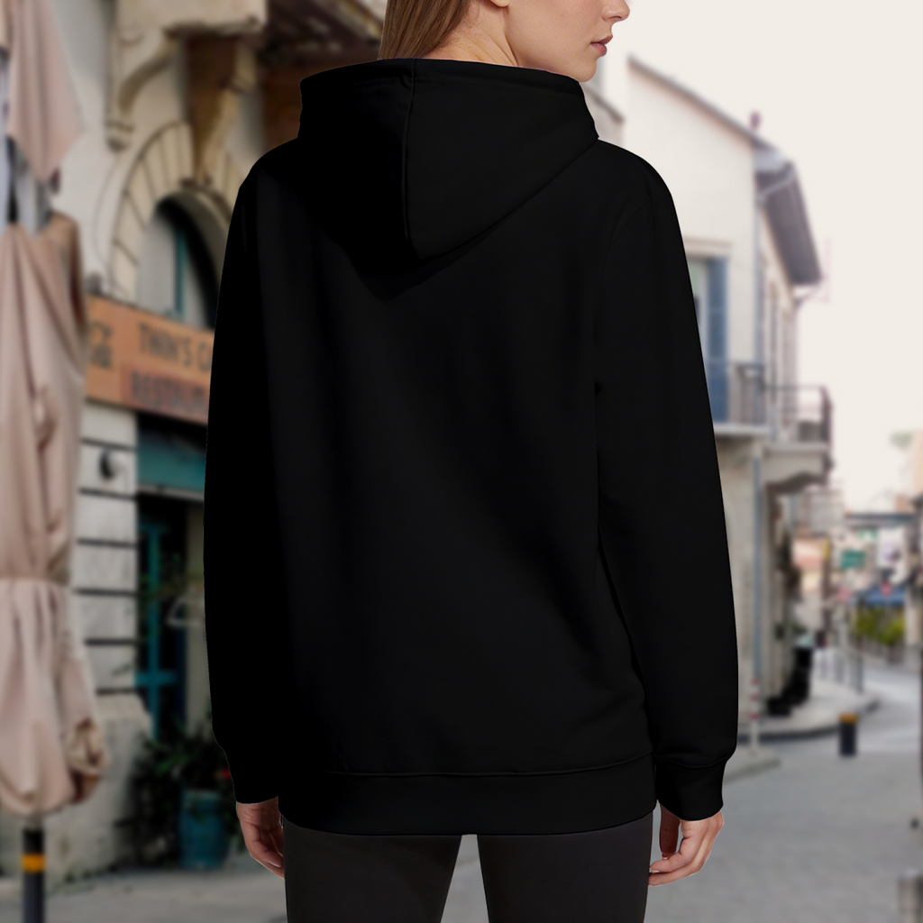 Rear-facing lifestyle photo showing the blank back of the women's A Gateway at Court hoodie on a model