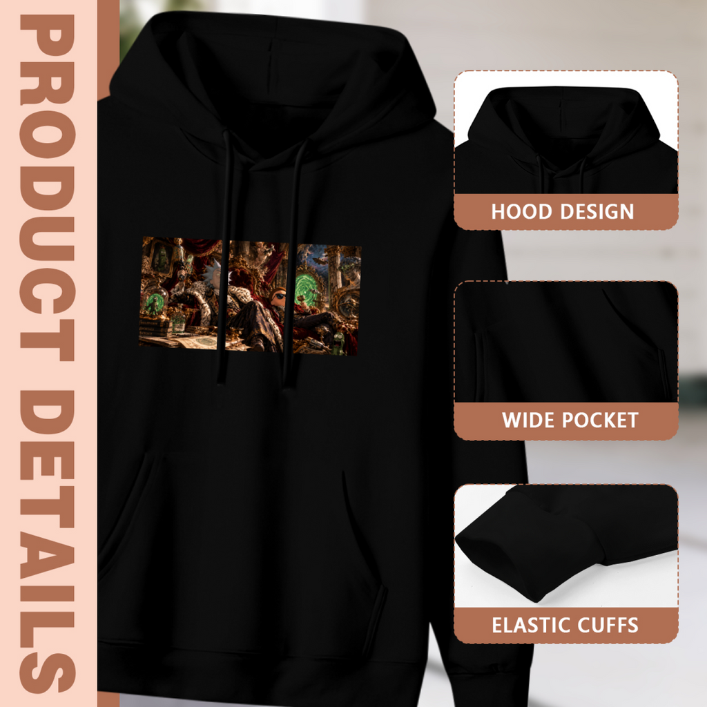 Garment and inset detail views for the women's A Gateway at Court hoodie, highlighting the hood, pocket opening and cuffs
