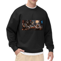 A mechanical cat and animal figures in a wide chase scene printed on a men's crewneck sweatshirt, shown in a front model photo