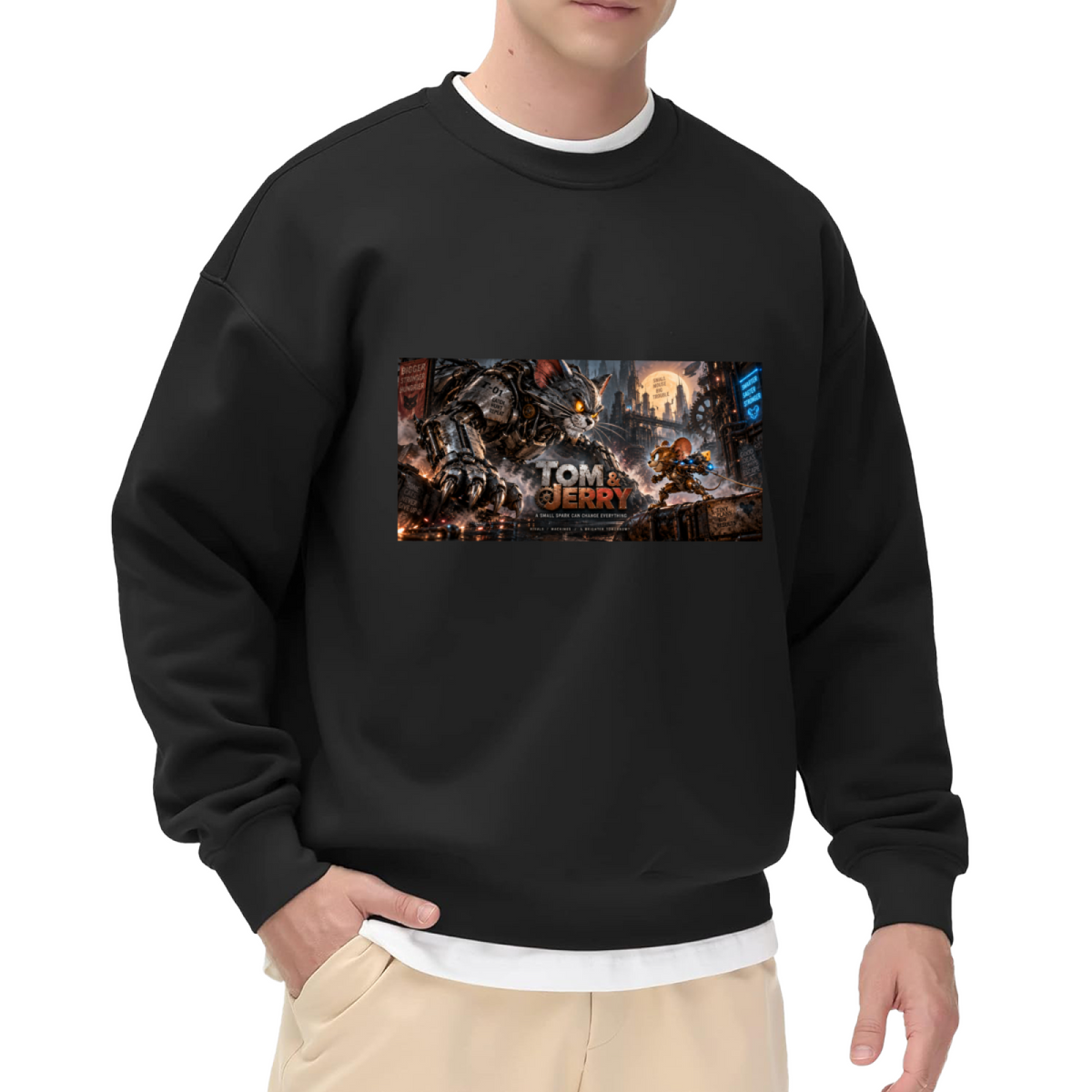 A mechanical cat and animal figures in a wide chase scene printed on a men's crewneck sweatshirt, shown in a front model photo