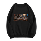 Unworn men's crewneck sweatshirt, front view of the design depicting a mechanical cat and animal figures in a wide chase scene