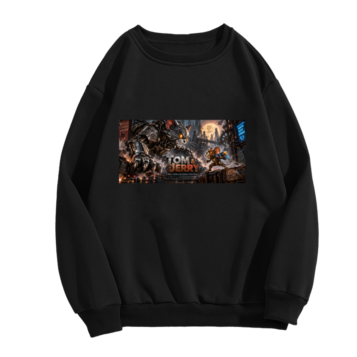 Unworn men's crewneck sweatshirt, front view of the design depicting a mechanical cat and animal figures in a wide chase scene