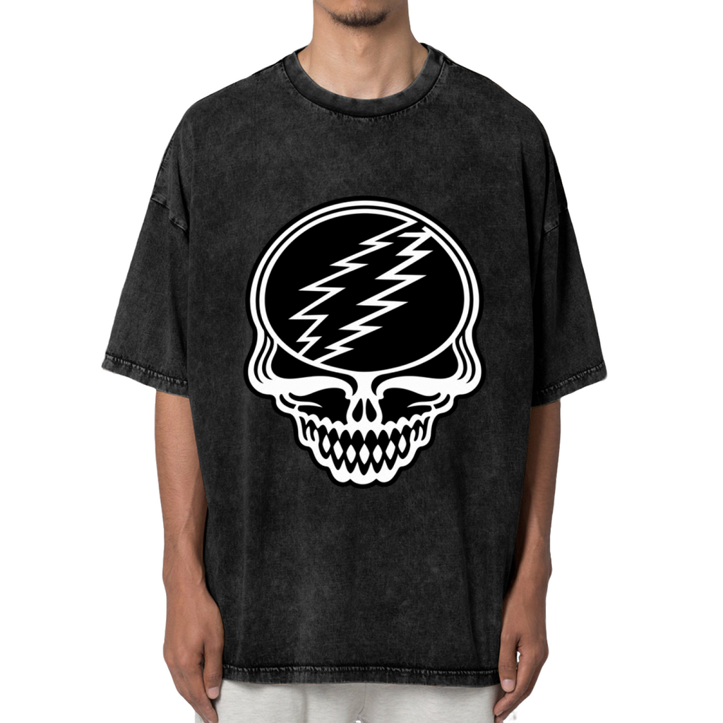 Front view of Grateful Dead Black and White Steal Your Face Skull washed graphic T-shirt