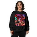 Women's crewneck sweatshirt seen on a model, its front graphic depicting figures escaping through intersecting laser beams in a futuristic city