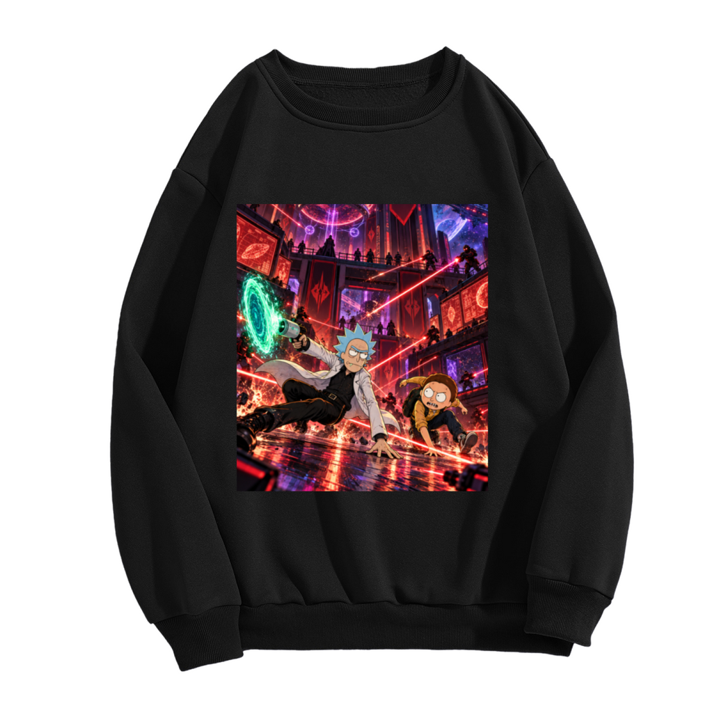 Front garment photograph: women's crewneck sweatshirt decorated with figures escaping through intersecting laser beams in a futuristic city