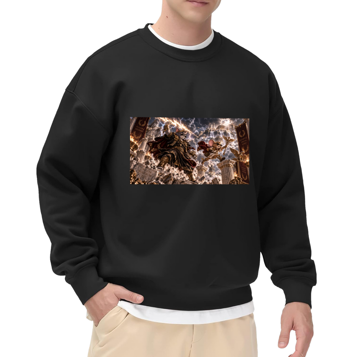 Studio photograph of a model in a men's crewneck sweatshirt showing animal figures clashing amid thunderbolts in a fantasy scene