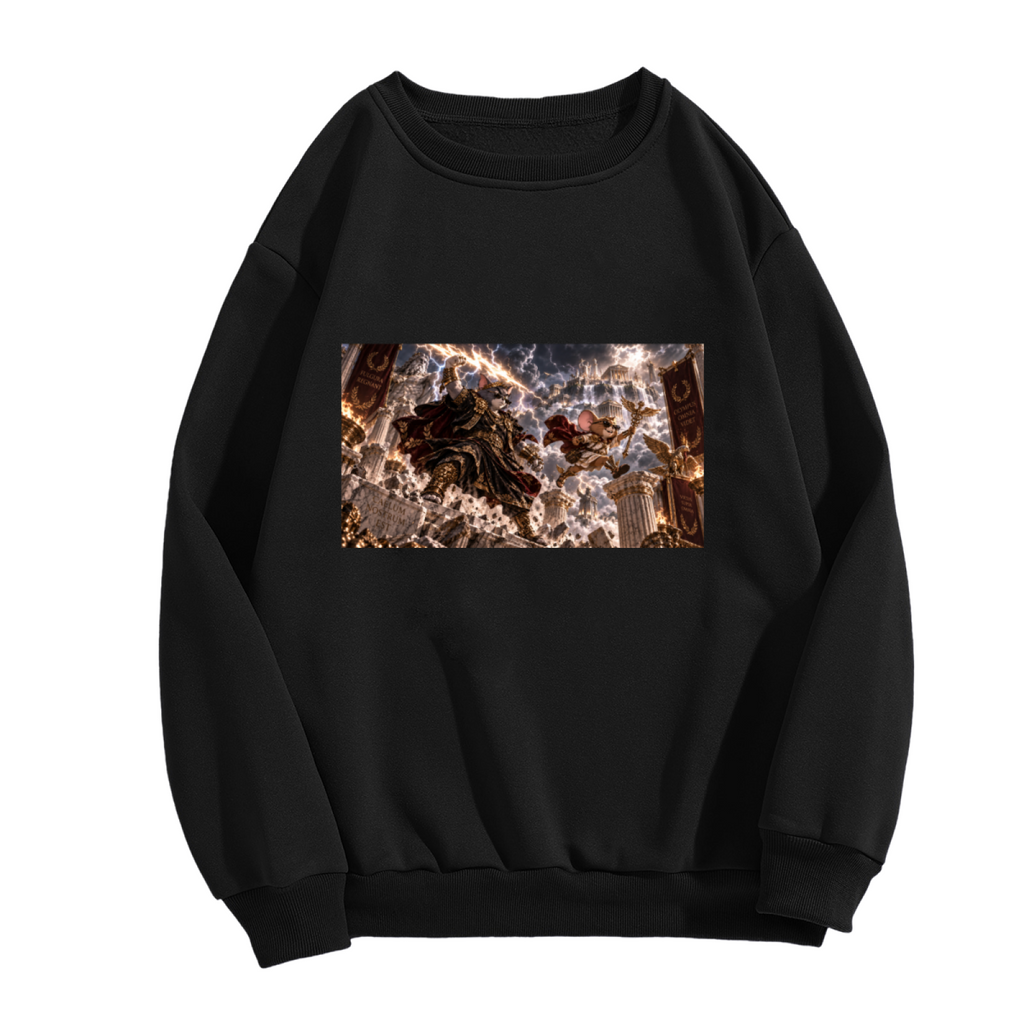 Standalone men's crewneck sweatshirt front displaying a graphic of animal figures clashing amid thunderbolts in a fantasy scene