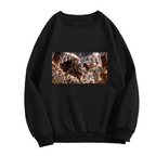 Standalone men's crewneck sweatshirt front displaying a graphic of animal figures clashing amid thunderbolts in a fantasy scene