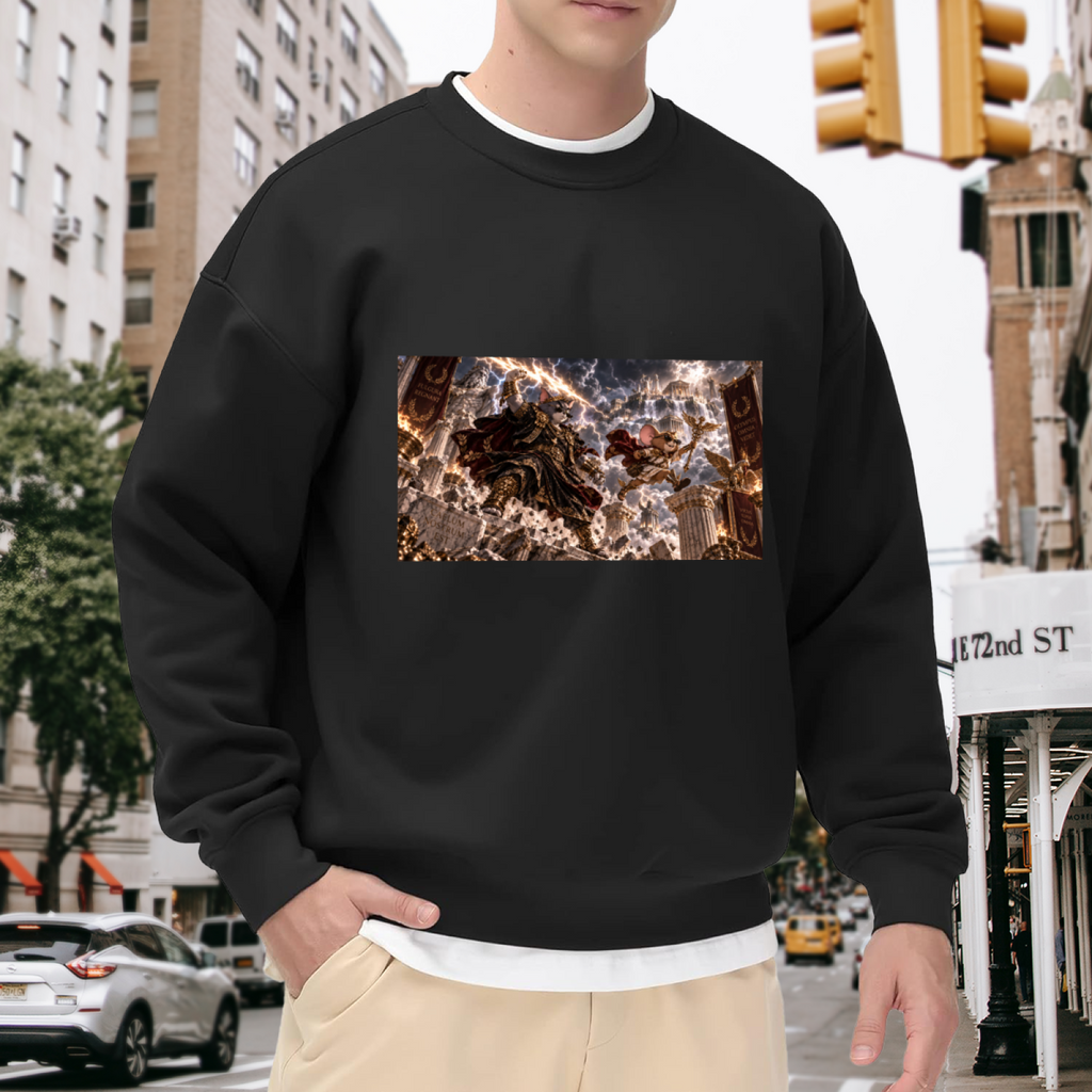 Men's crewneck sweatshirt worn outside, with the camera facing the graphic of animal figures clashing amid thunderbolts in a fantasy scene