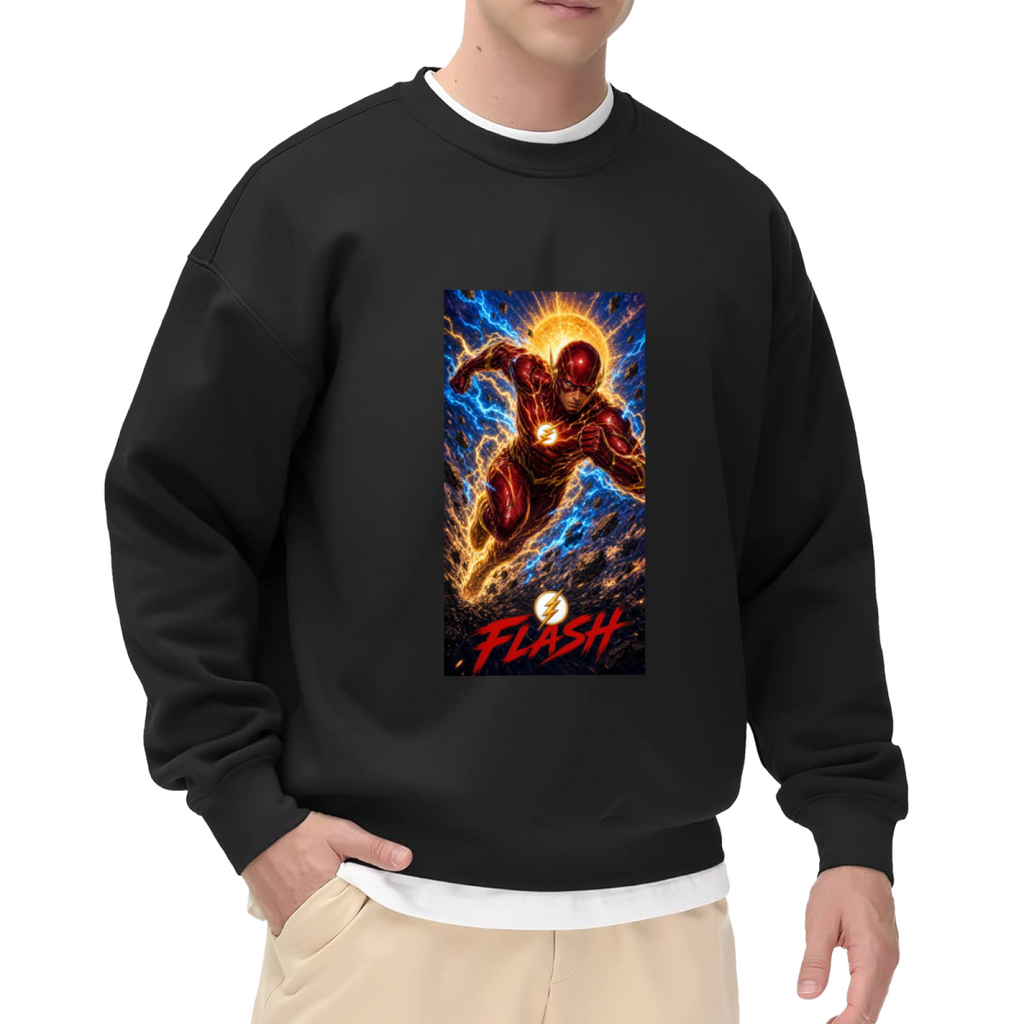 A masked runner charging beneath a sunburst and golden lightning printed on a men's crewneck sweatshirt, shown in a front model photo