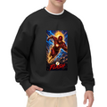 A masked runner charging beneath a sunburst and golden lightning printed on a men's crewneck sweatshirt, shown in a front model photo