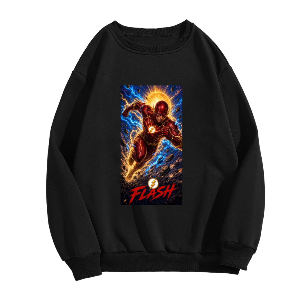 Unworn men's crewneck sweatshirt, front view of the design depicting a masked runner charging beneath a sunburst and golden lightning