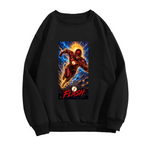 Unworn men's crewneck sweatshirt, front view of the design depicting a masked runner charging beneath a sunburst and golden lightning