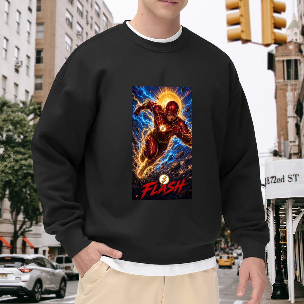 On-location model photograph displaying a masked runner charging beneath a sunburst and golden lightning on the front of a men's crewneck sweatshirt