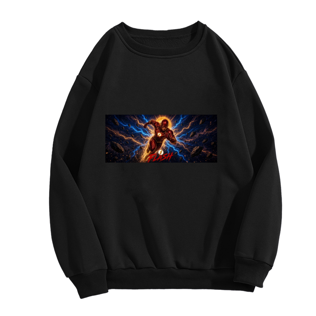 Front garment photograph: men's crewneck sweatshirt decorated with a runner mid-stride in a wide panel of blue lightning
