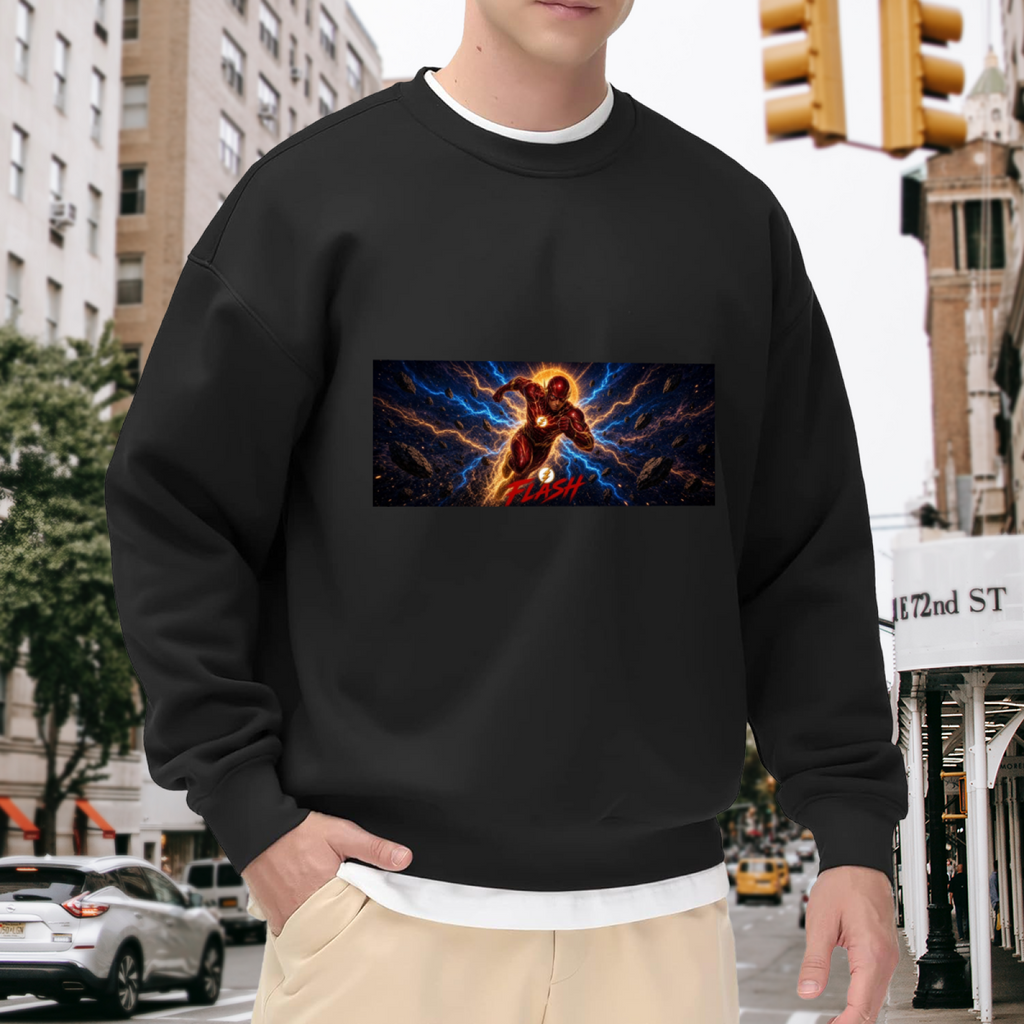 A runner mid-stride in a wide panel of blue lightning visible on a men's crewneck sweatshirt in an outdoor front model view