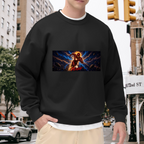 A runner mid-stride in a wide panel of blue lightning visible on a men's crewneck sweatshirt in an outdoor front model view