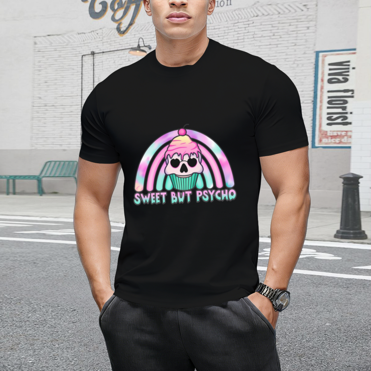 Sweet But Psycho, Skull Cupcake Design Graphic T-Shirt