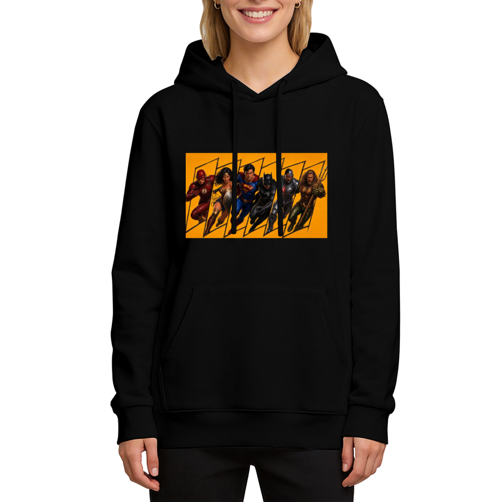 Women's hoodie seen on a model, its front graphic depicting a group of costumed figures charging across a warm-toned action panel