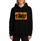 Women's hoodie seen on a model, its front graphic depicting a group of costumed figures charging across a warm-toned action panel
