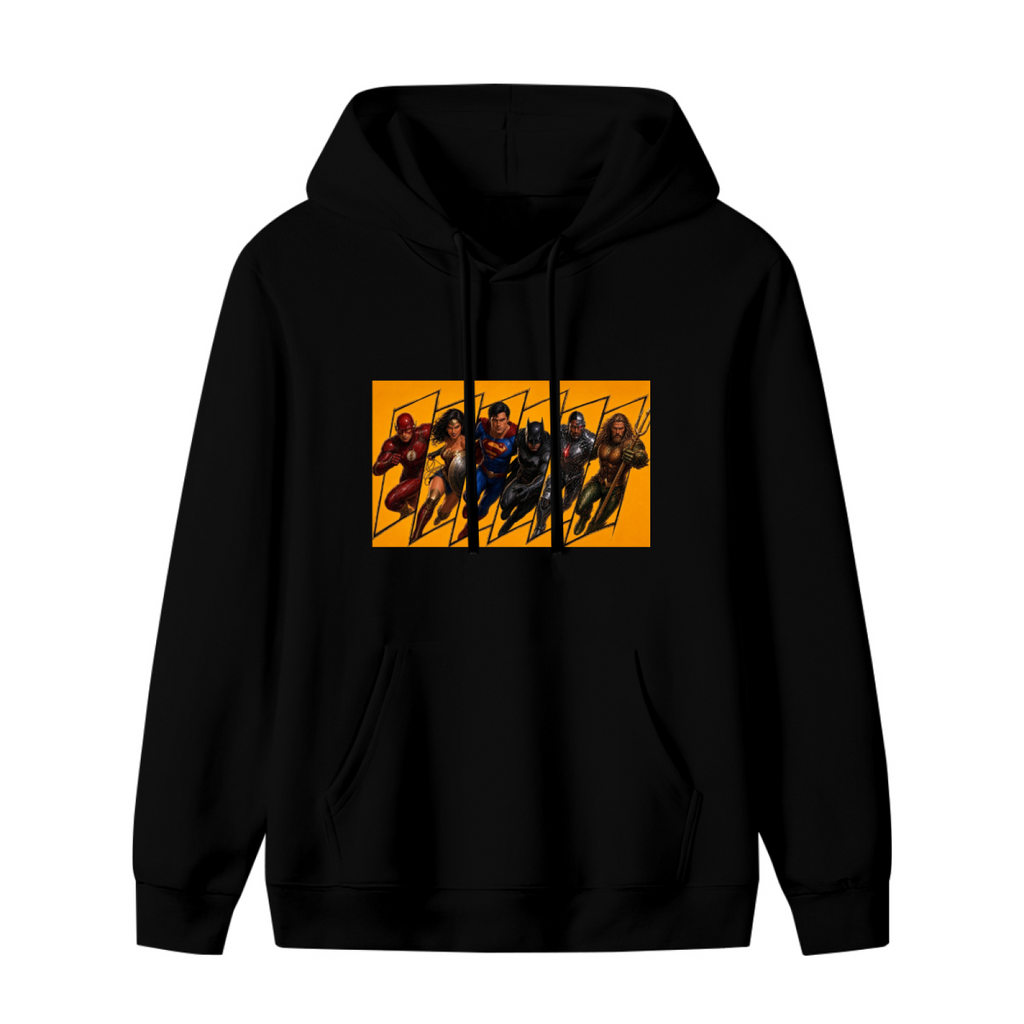 Front garment photograph: women's hoodie decorated with a group of costumed figures charging across a warm-toned action panel