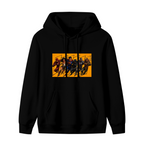 Front garment photograph: women's hoodie decorated with a group of costumed figures charging across a warm-toned action panel